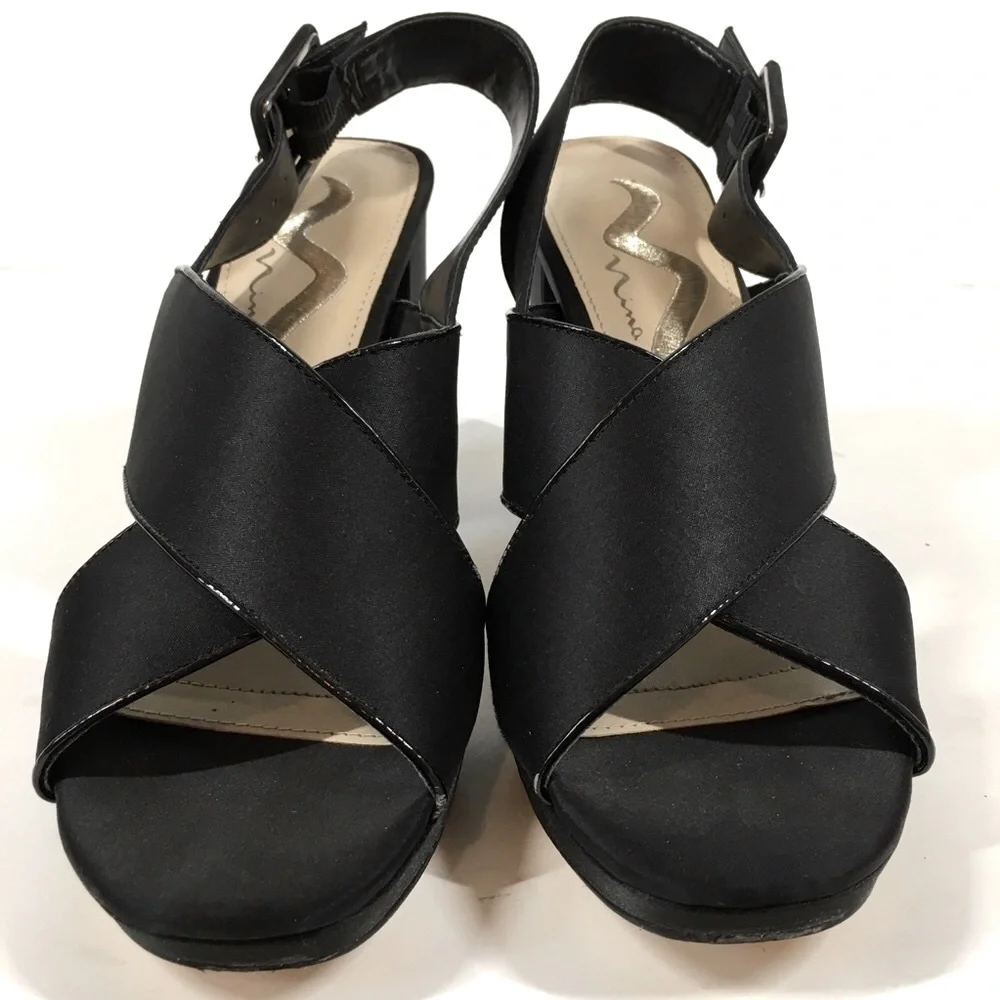 Nina New York Black Criss Cross Straps Platform Open Toe Sandal Heels Size 7.5M